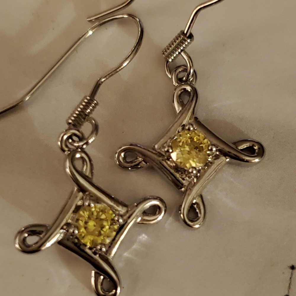 Elegant Silver and Yellow Sparkling Stone Earrings